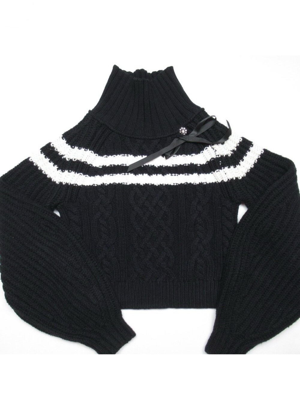 Anthropologie Maeve Mock-Neck Balloon-Sleeve Bow Jumper Sweater Black White XS